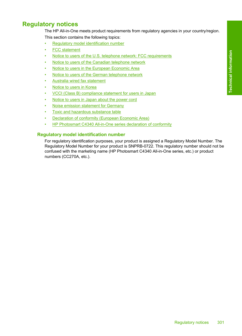 Regulatory notices, Regulatory model identification number | HP Photosmart C4344 All-in-One Printer User Manual | Page 304 / 317