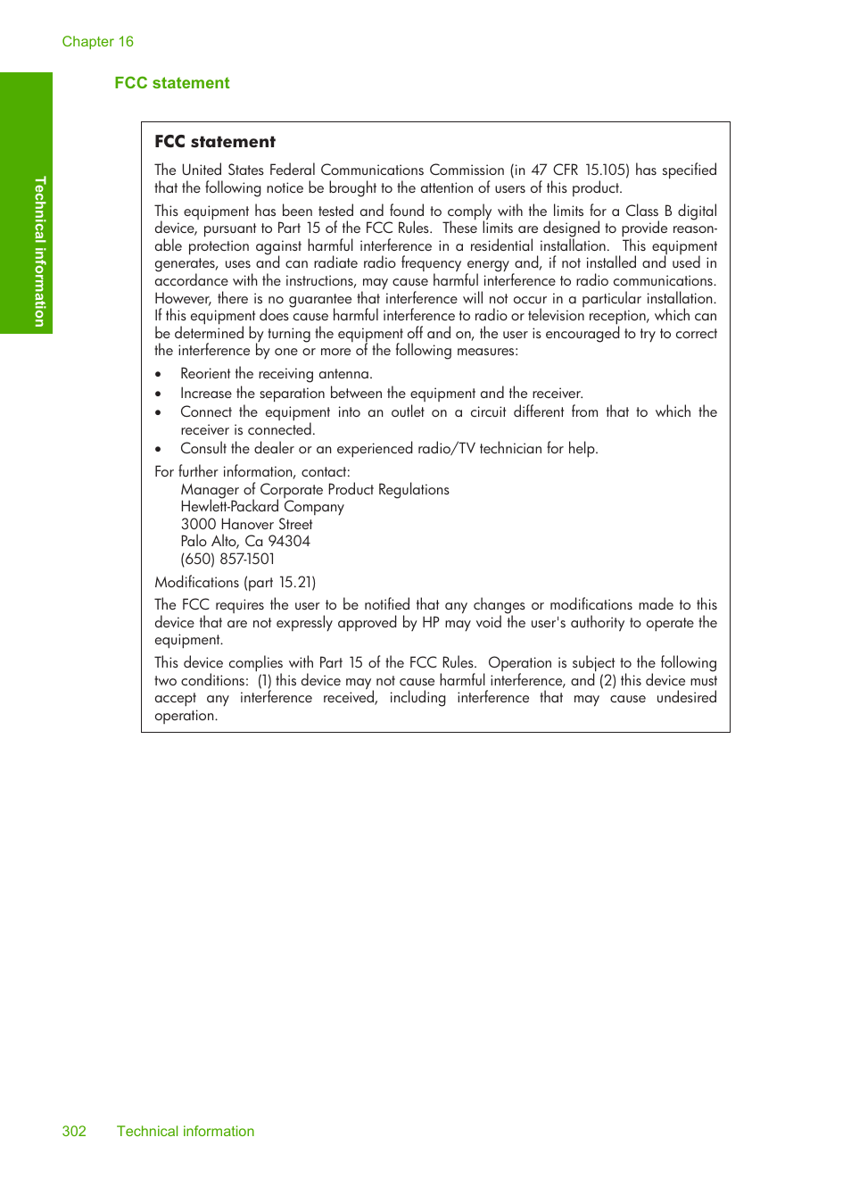 Fcc statement | HP Photosmart C4344 All-in-One Printer User Manual | Page 305 / 317