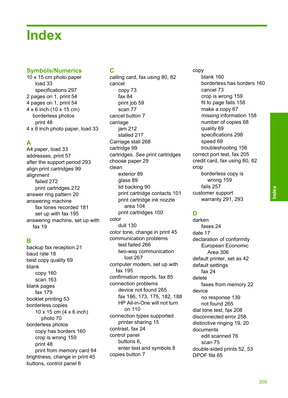 Index | HP Photosmart C4344 All-in-One Printer User Manual | Page 312 / 317