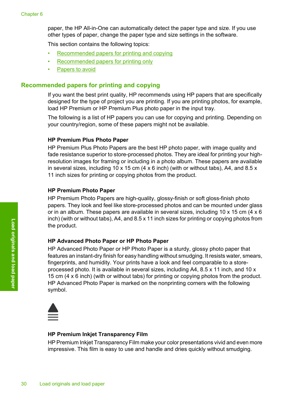 Recommended papers for printing and copying | HP Photosmart C4344 All-in-One Printer User Manual | Page 33 / 317