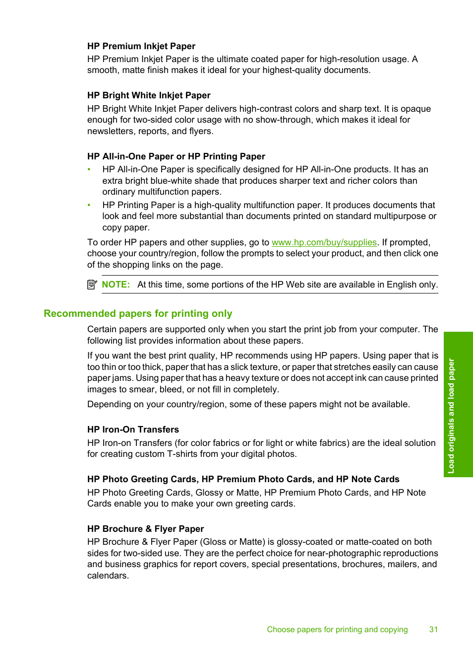 Recommended papers for printing only | HP Photosmart C4344 All-in-One Printer User Manual | Page 34 / 317