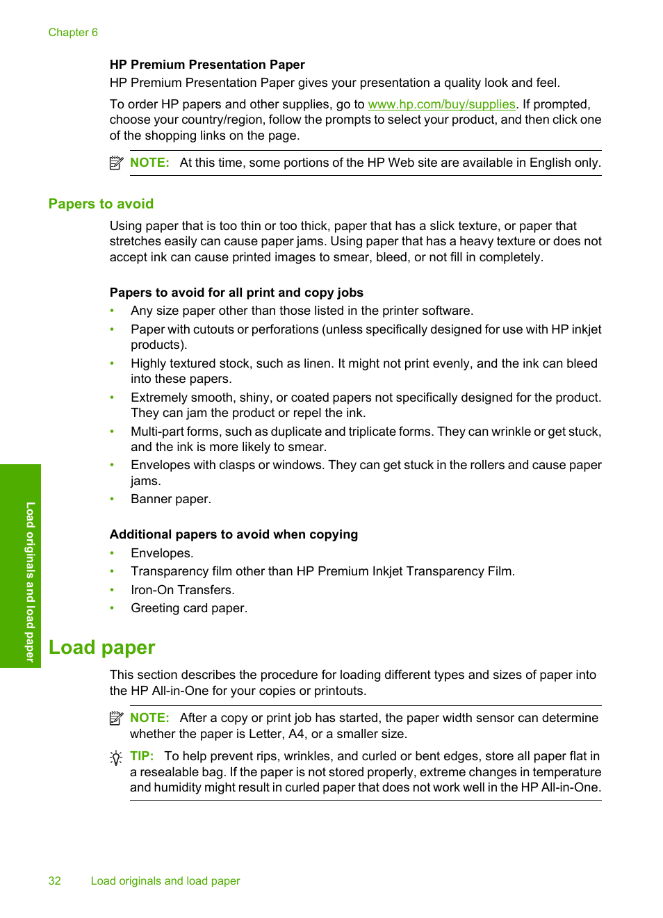 Papers to avoid, Load paper | HP Photosmart C4344 All-in-One Printer User Manual | Page 35 / 317