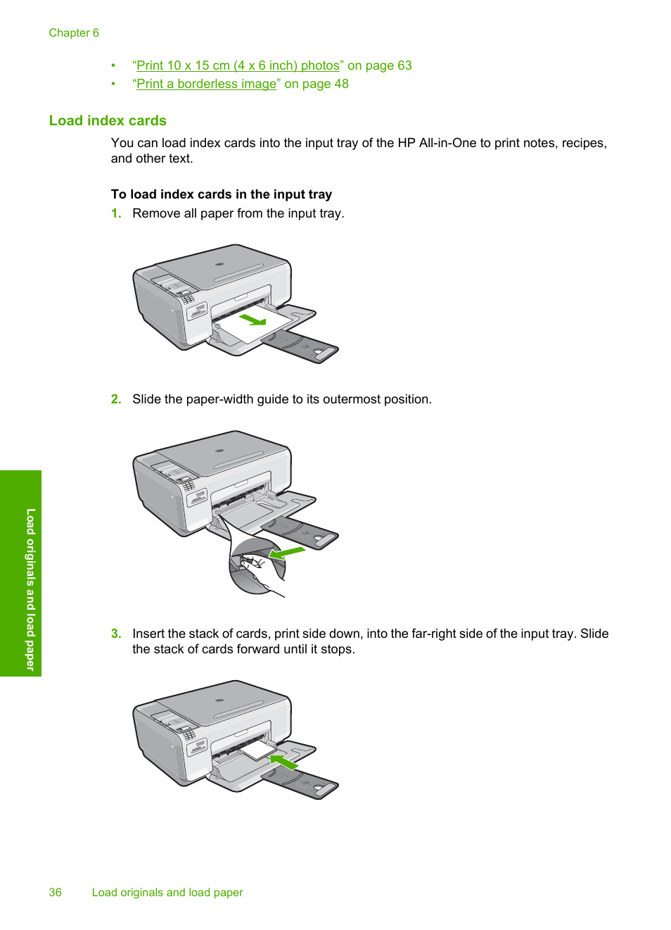 Load index cards | HP Photosmart C4344 All-in-One Printer User Manual | Page 39 / 317