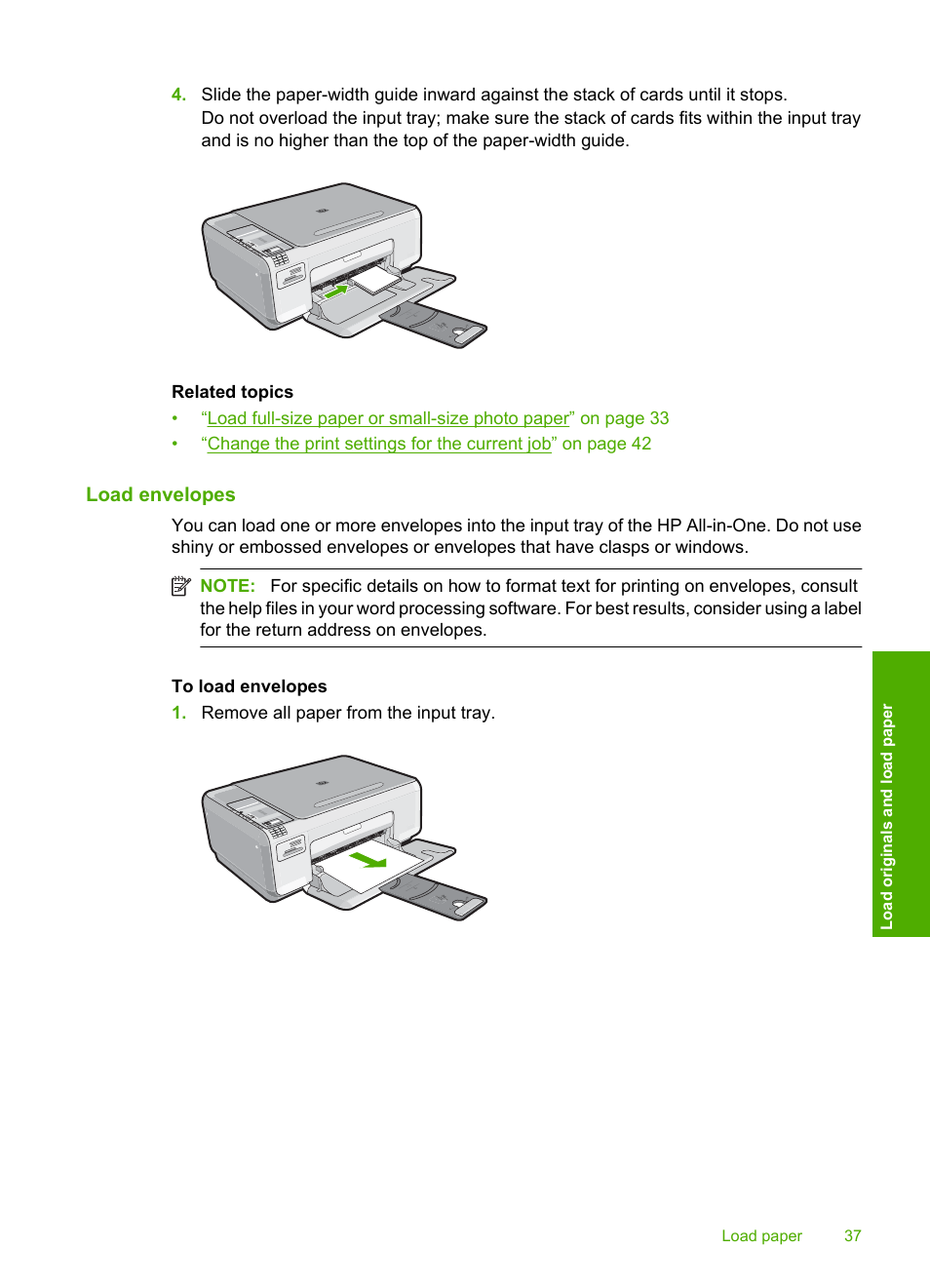 Load envelopes | HP Photosmart C4344 All-in-One Printer User Manual | Page 40 / 317