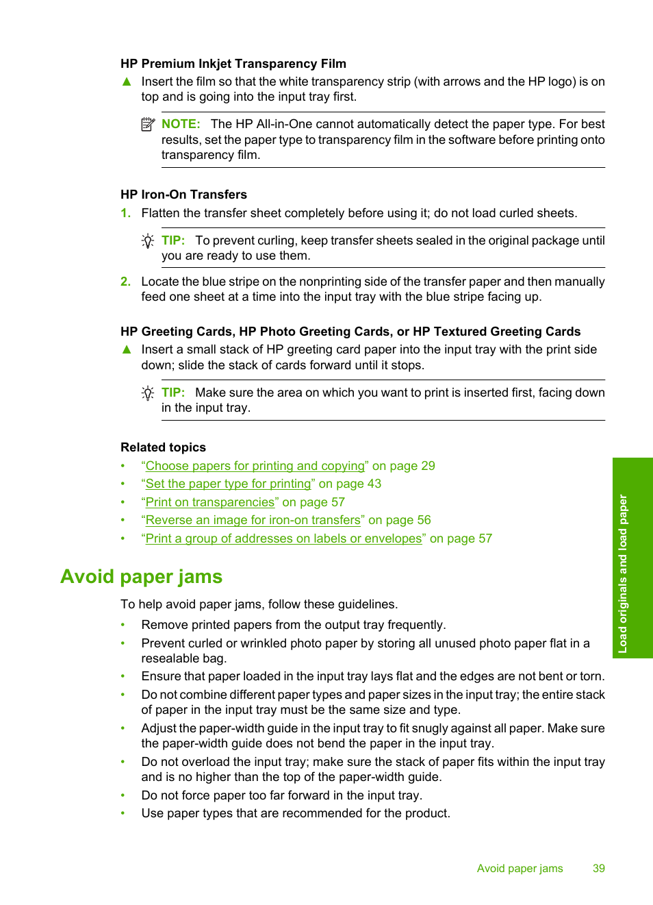 Avoid paper jams | HP Photosmart C4344 All-in-One Printer User Manual | Page 42 / 317