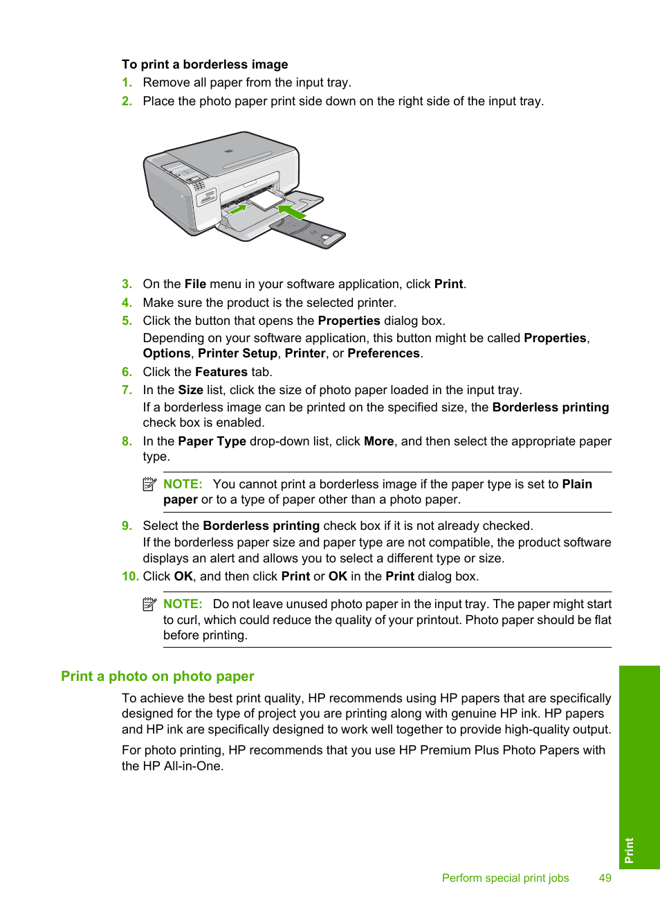 Print a photo on photo paper | HP Photosmart C4344 All-in-One Printer User Manual | Page 52 / 317