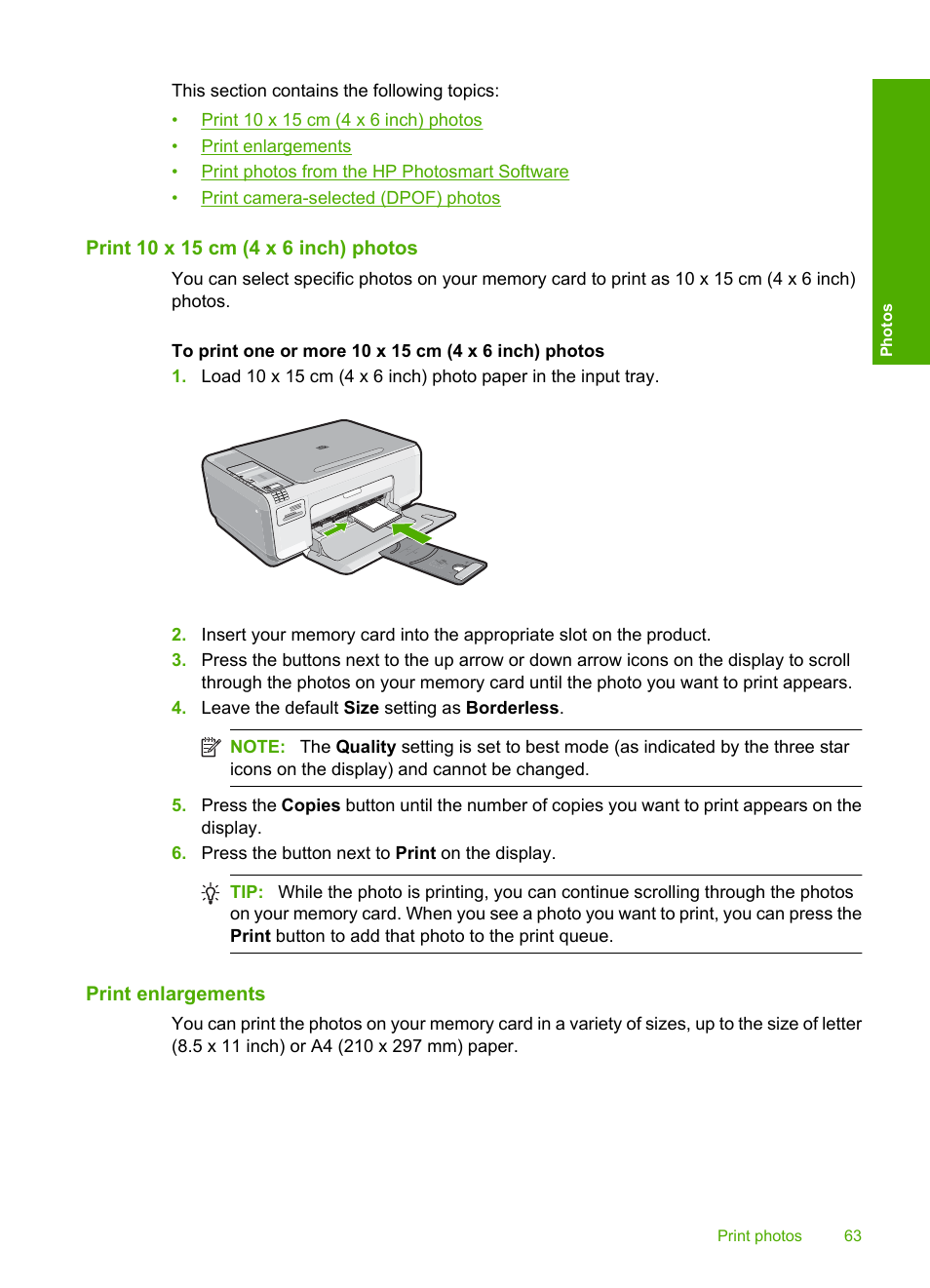 Print 10 x 15 cm (4 x 6 inch) photos, Print enlargements | HP Photosmart C4344 All-in-One Printer User Manual | Page 66 / 317