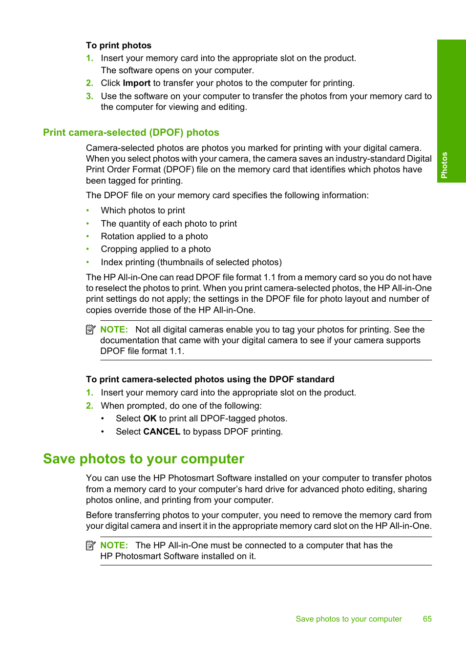 Print camera-selected (dpof) photos, Save photos to your computer | HP Photosmart C4344 All-in-One Printer User Manual | Page 68 / 317