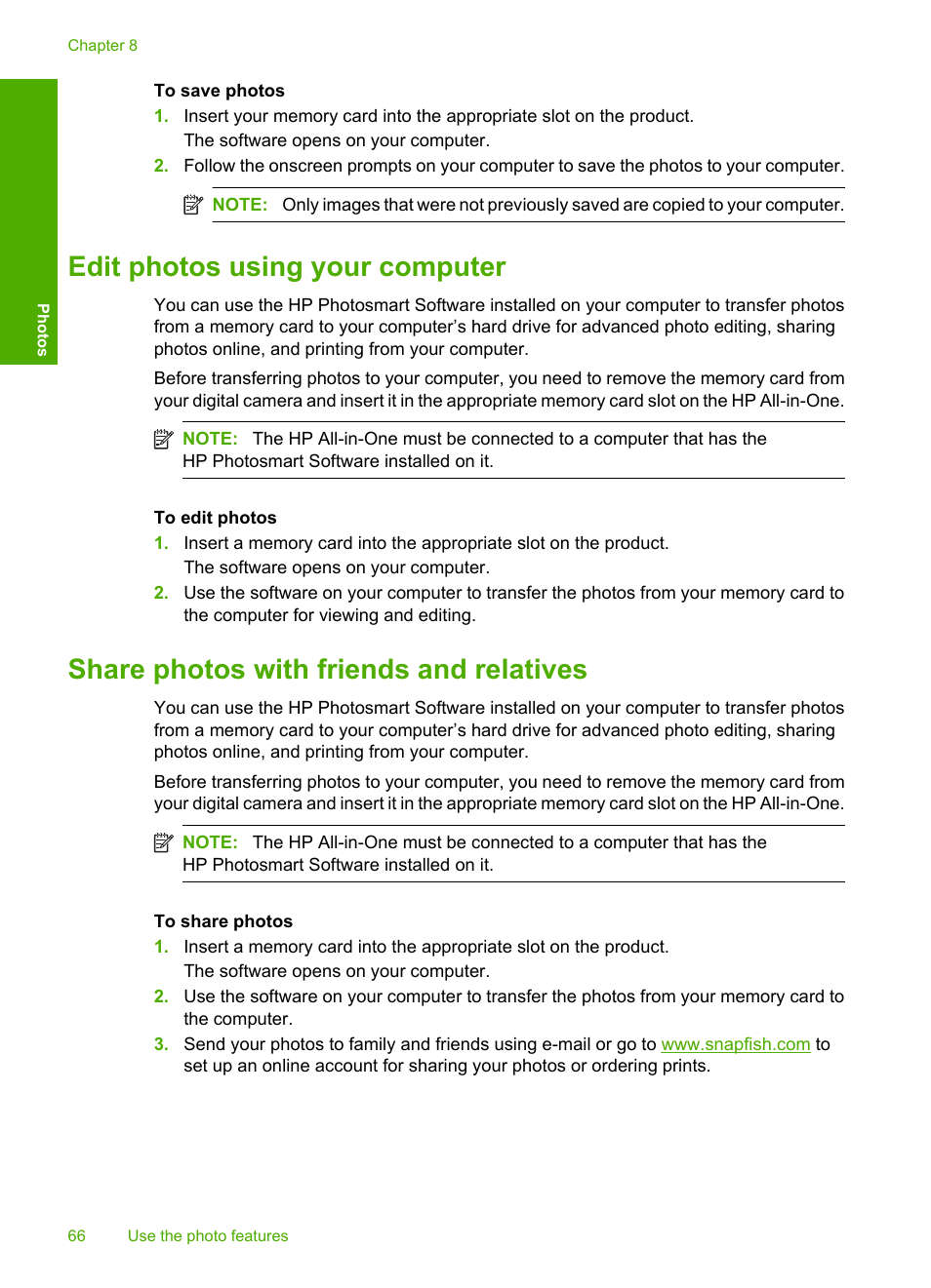 Edit photos using your computer, Share photos with friends and relatives | HP Photosmart C4344 All-in-One Printer User Manual | Page 69 / 317