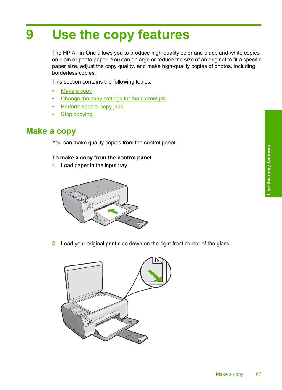 Use the copy features, Make a copy, 9 use the copy features | 9use the copy features | HP Photosmart C4344 All-in-One Printer User Manual | Page 70 / 317