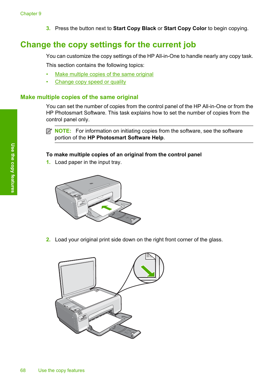 Change the copy settings for the current job, Make multiple copies of the same original | HP Photosmart C4344 All-in-One Printer User Manual | Page 71 / 317
