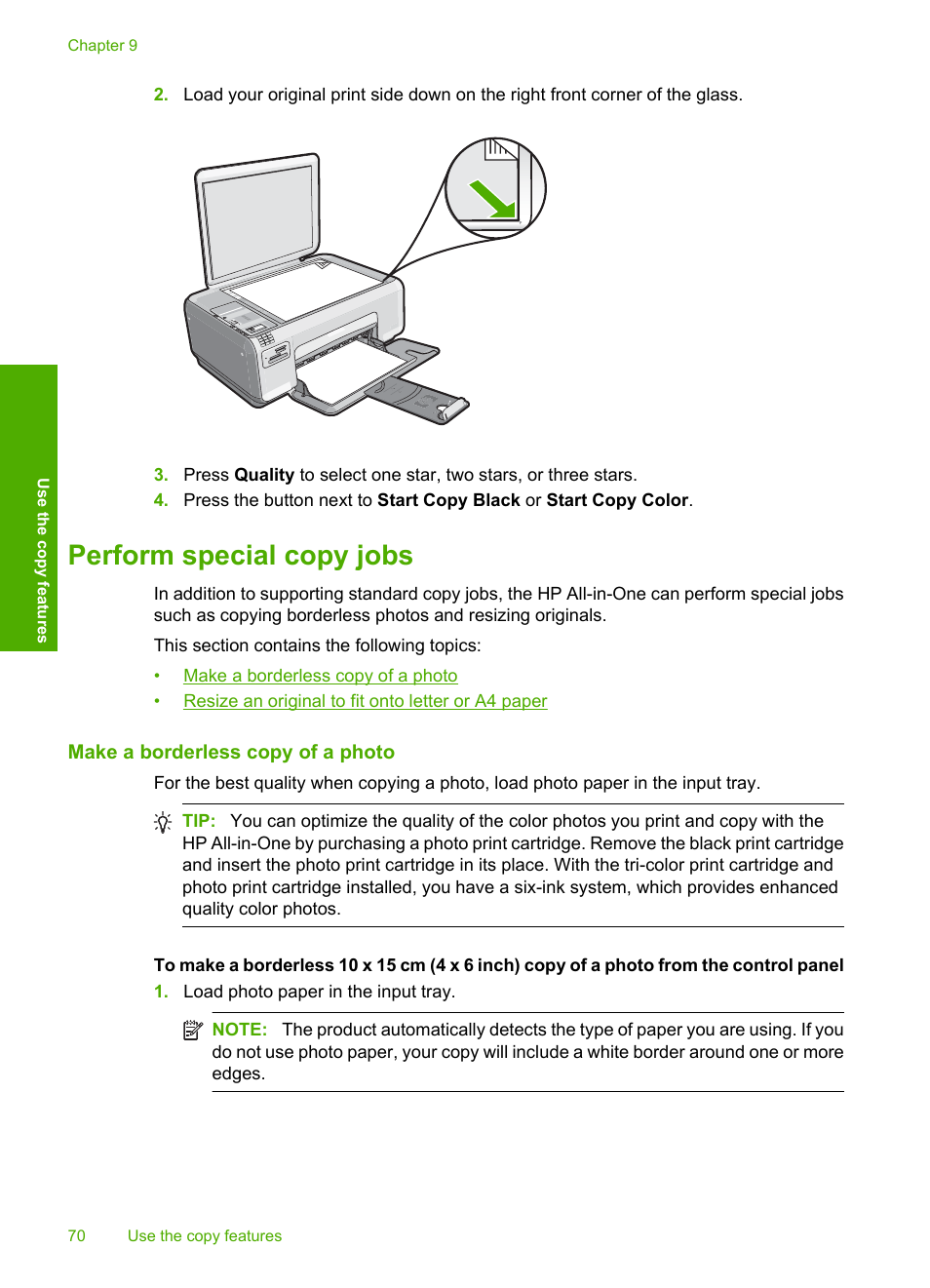 Perform special copy jobs, Make a borderless copy of a photo | HP Photosmart C4344 All-in-One Printer User Manual | Page 73 / 317