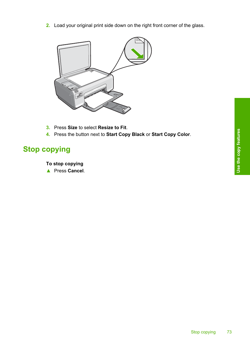 Stop copying | HP Photosmart C4344 All-in-One Printer User Manual | Page 76 / 317