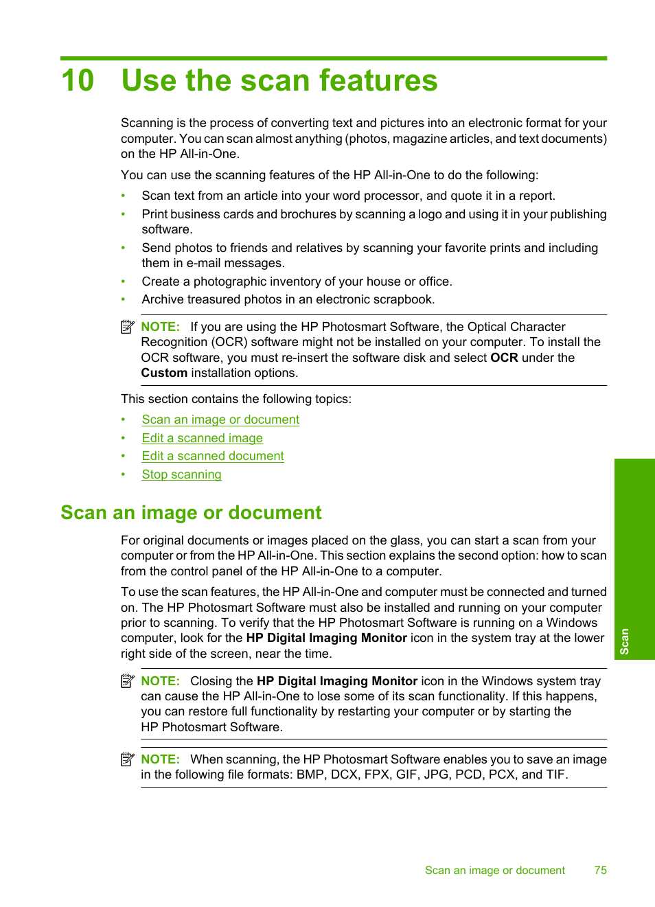 Use the scan features, Scan an image or document, 10 use the scan features | HP Photosmart C4344 All-in-One Printer User Manual | Page 78 / 317