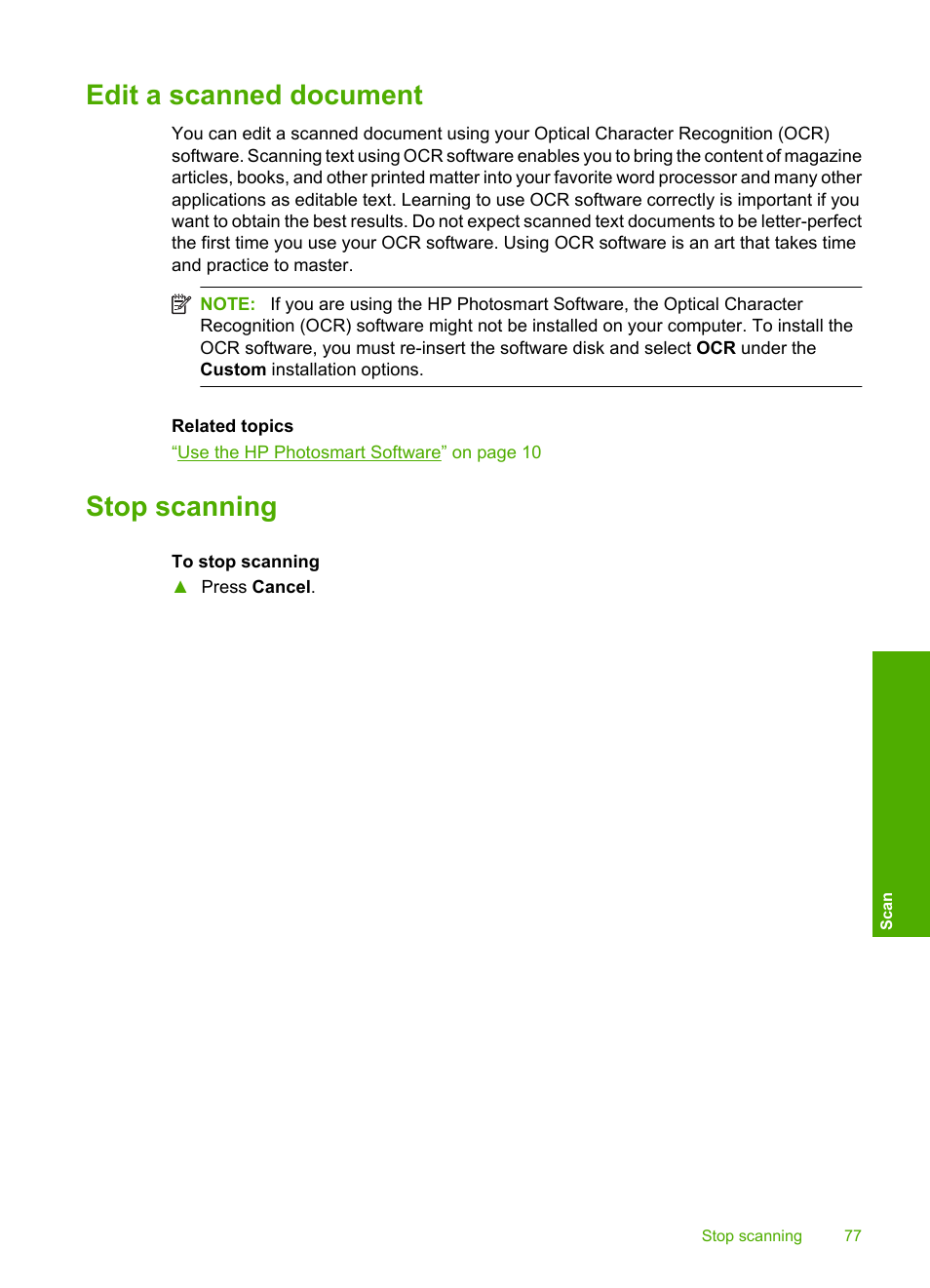 Edit a scanned document, Stop scanning, Edit a scanned document stop scanning | HP Photosmart C4344 All-in-One Printer User Manual | Page 80 / 317