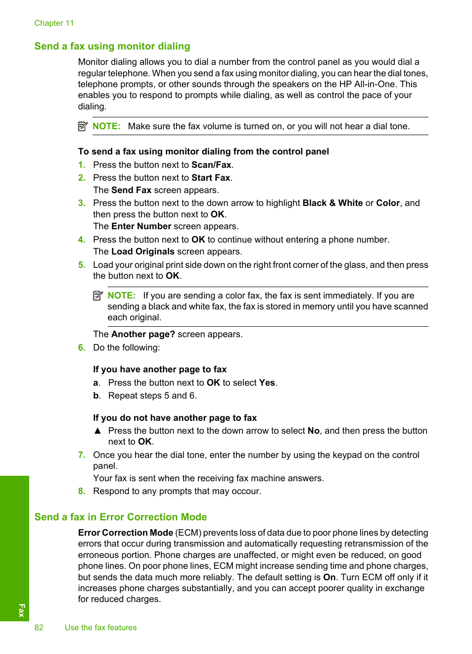 Send a fax using monitor dialing, Send a fax in error correction mode | HP Photosmart C4344 All-in-One Printer User Manual | Page 85 / 317