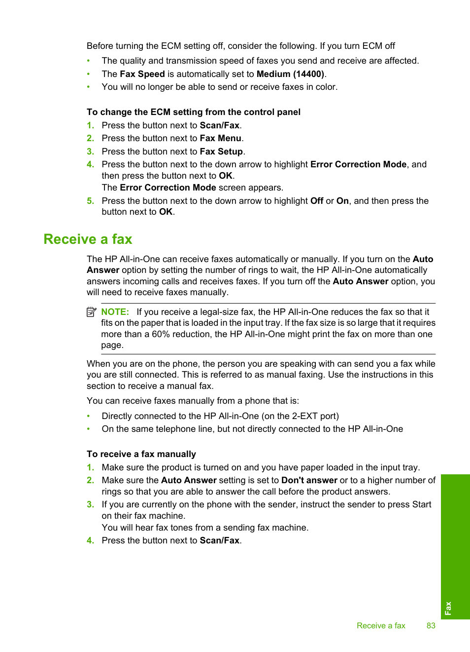 Receive a fax | HP Photosmart C4344 All-in-One Printer User Manual | Page 86 / 317