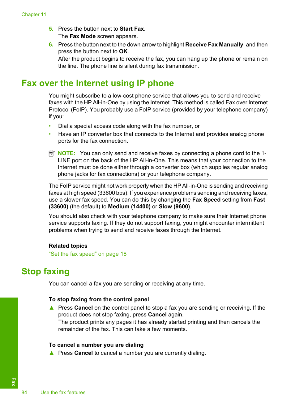 Fax over the internet using ip phone, Stop faxing, Fax over the internet using ip phone stop faxing | HP Photosmart C4344 All-in-One Printer User Manual | Page 87 / 317