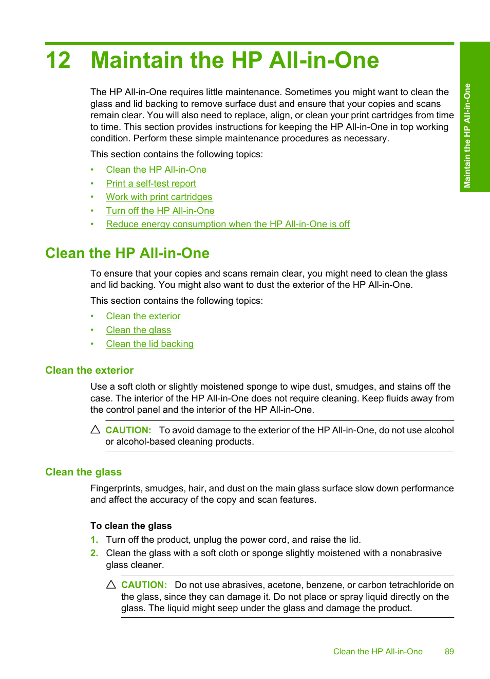 Maintain the hp all-in-one, Clean the hp all-in-one, Clean the exterior | Clean the glass, 12 maintain the hp all-in-one | HP Photosmart C4344 All-in-One Printer User Manual | Page 92 / 317