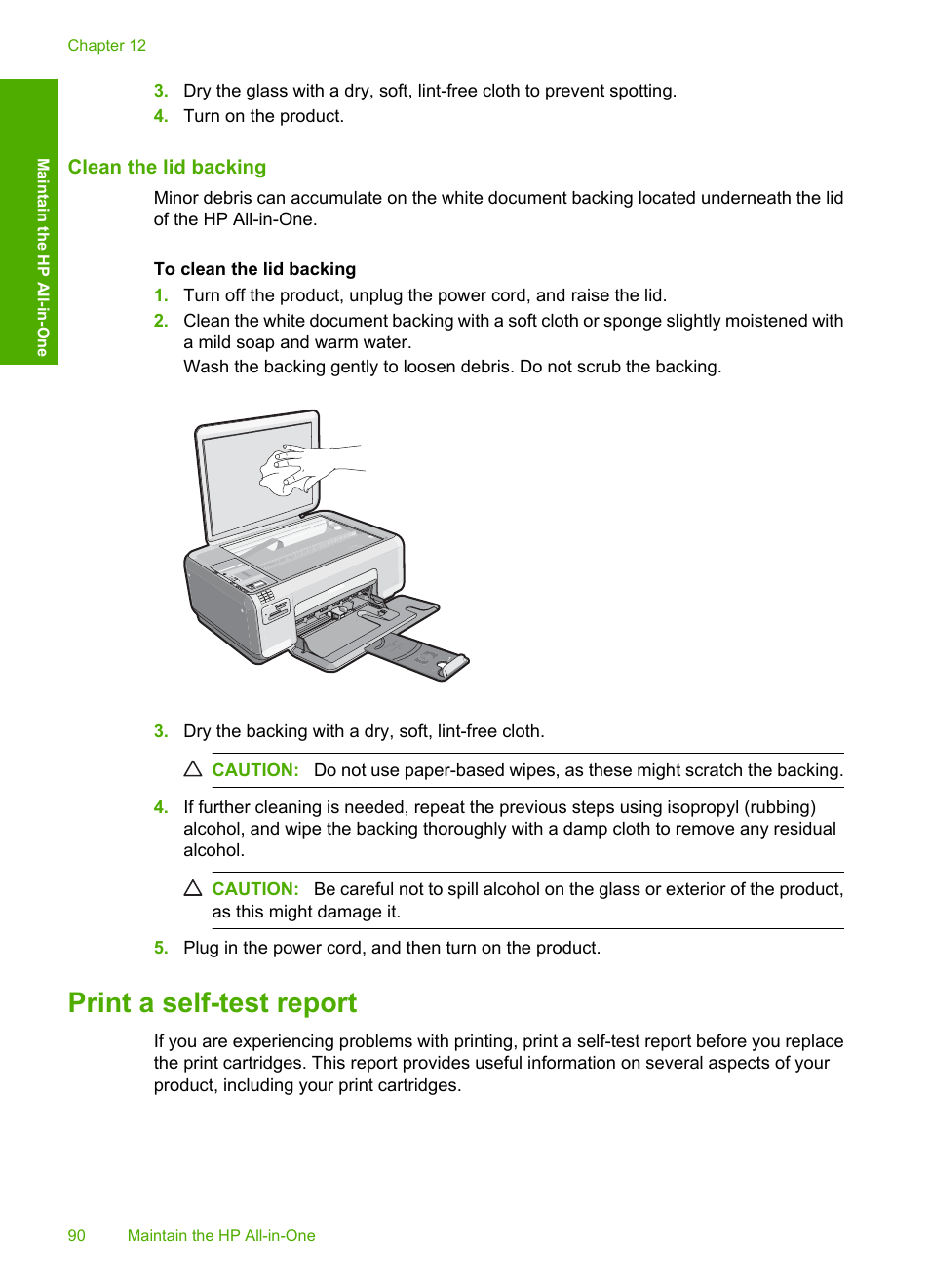 Clean the lid backing, Print a self-test report | HP Photosmart C4344 All-in-One Printer User Manual | Page 93 / 317