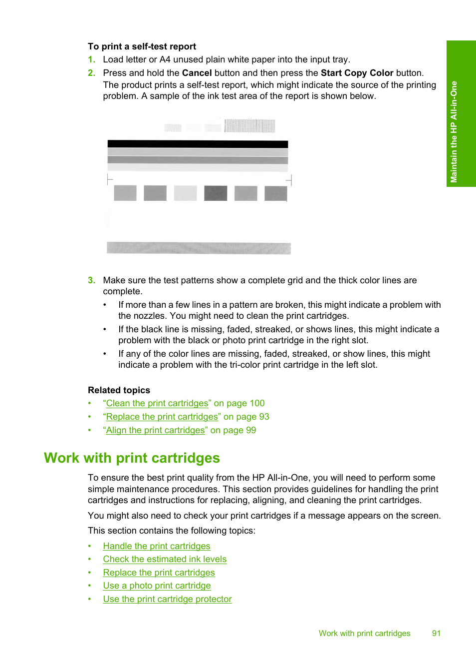 Work with print cartridges | HP Photosmart C4344 All-in-One Printer User Manual | Page 94 / 317