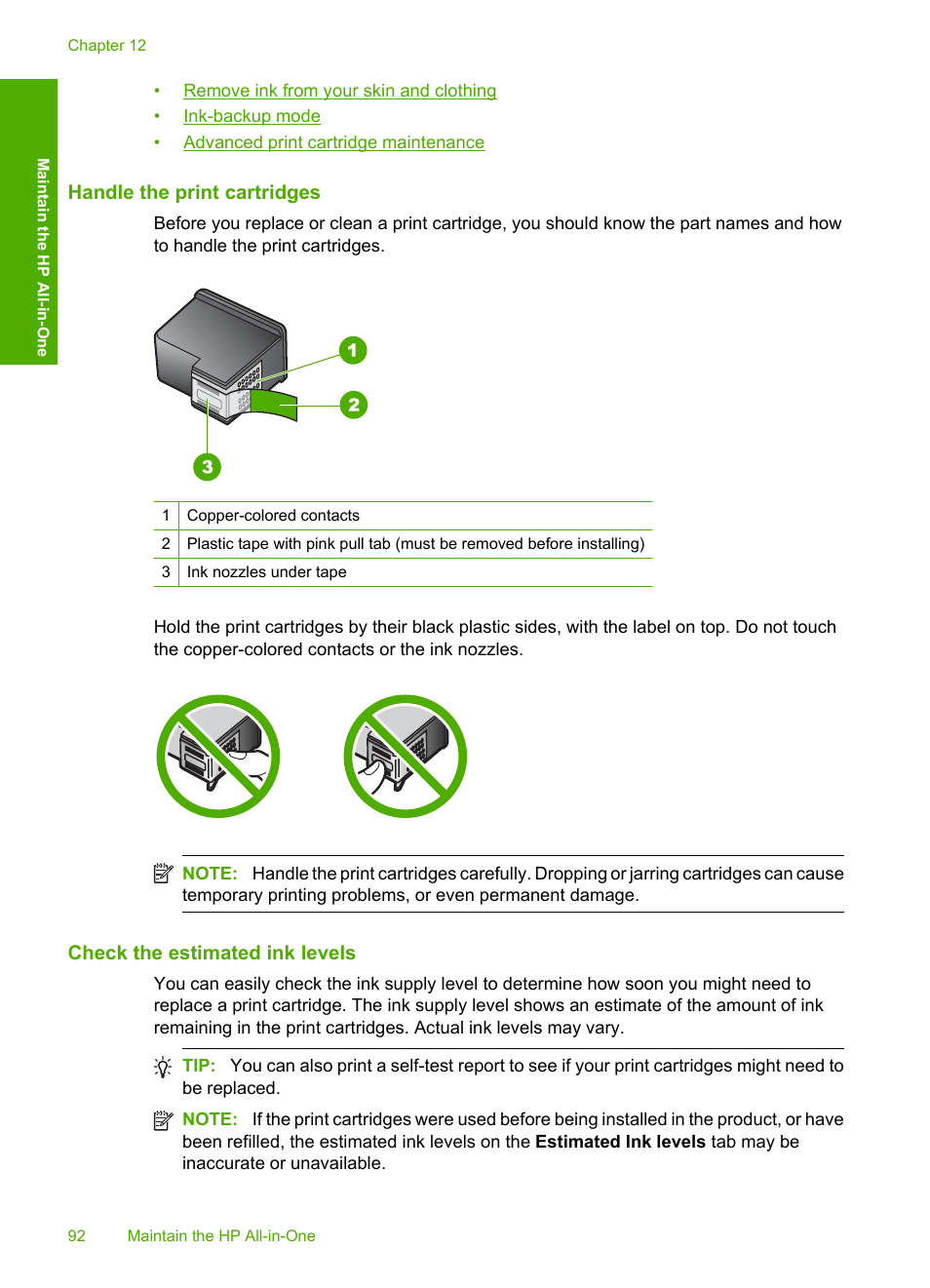 Handle the print cartridges, Check the estimated ink levels | HP Photosmart C4344 All-in-One Printer User Manual | Page 95 / 317