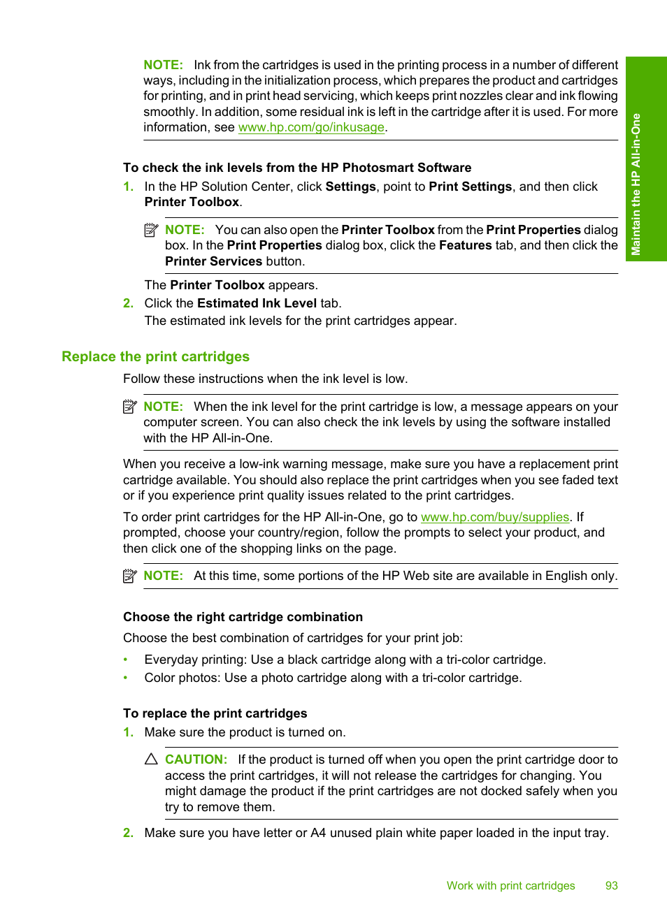 Replace the print cartridges | HP Photosmart C4344 All-in-One Printer User Manual | Page 96 / 317