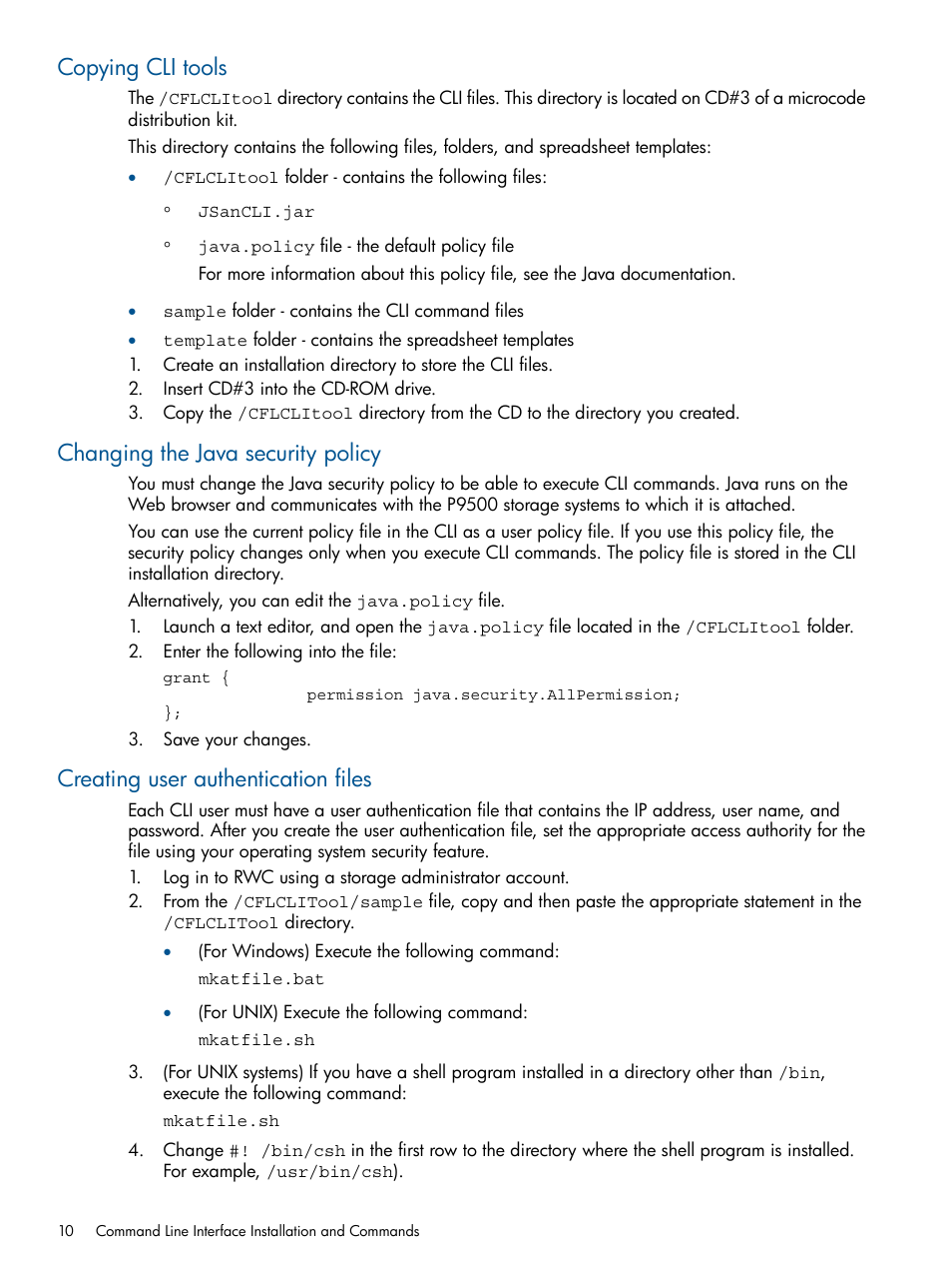 Copying cli tools, Changing the java security policy, Creating user authentication files | HP XP P9500 Storage User Manual | Page 10 / 78