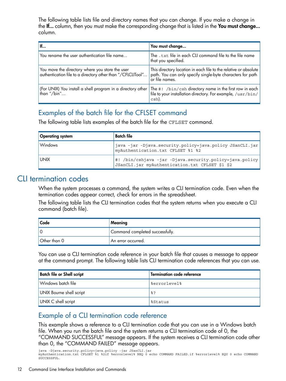 Cli termination codes, Examples of the batch file for the cflset command, Example of a cli termination code reference | HP XP P9500 Storage User Manual | Page 12 / 78