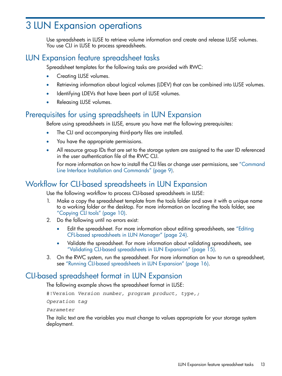 3 lun expansion operations, Lun expansion feature spreadsheet tasks, Cli-based spreadsheet format in lun expansion | HP XP P9500 Storage User Manual | Page 13 / 78