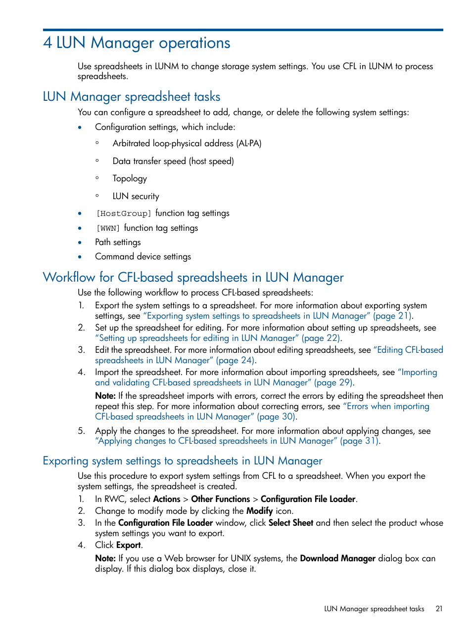 4 lun manager operations, Lun manager spreadsheet tasks, Workflow for cfl-based spreadsheets in lun manager | HP XP P9500 Storage User Manual | Page 21 / 78