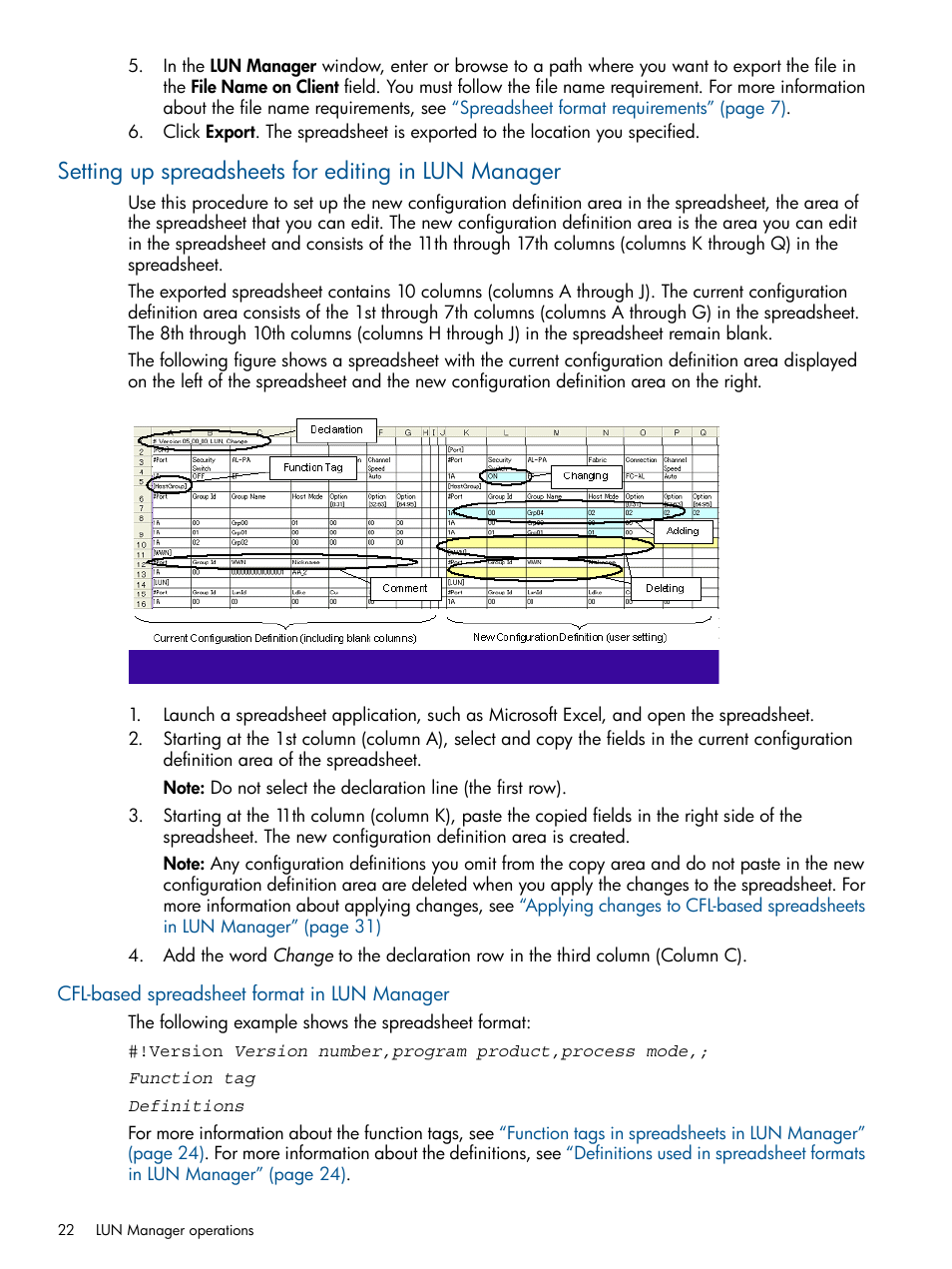 Setting up spreadsheets for editing in lun manager, Cfl-based spreadsheet format in lun manager | HP XP P9500 Storage User Manual | Page 22 / 78