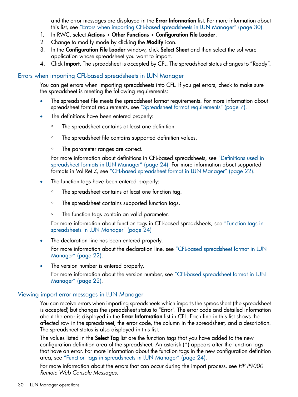 Viewing import error messages in lun manager, Errors when importing | HP XP P9500 Storage User Manual | Page 30 / 78