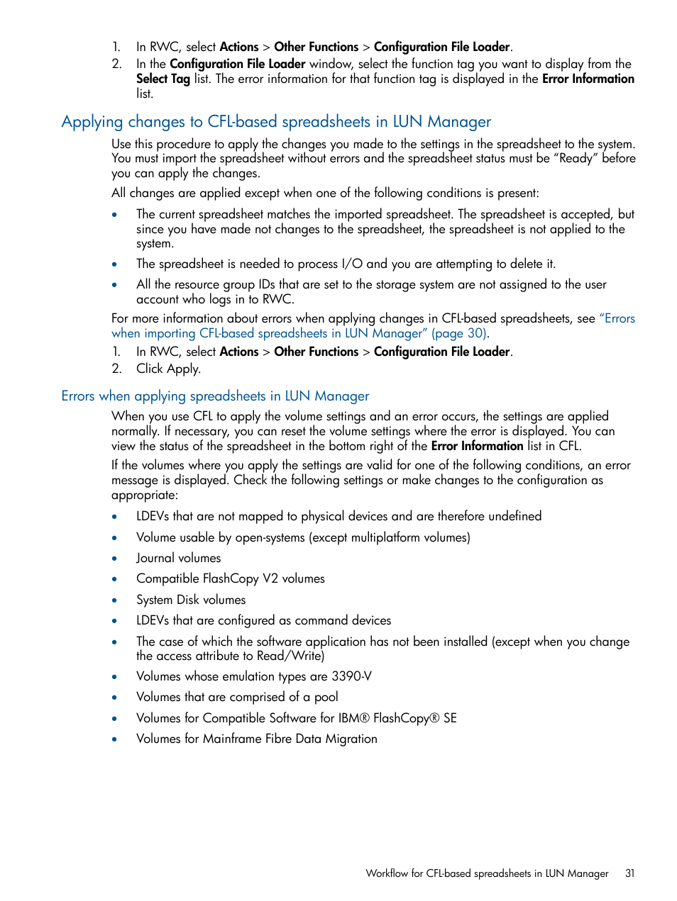 Errors when applying spreadsheets in lun manager, Applying changes to cfl-based spreadsheets | HP XP P9500 Storage User Manual | Page 31 / 78