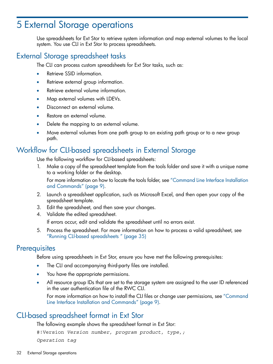 5 external storage operations, External storage spreadsheet tasks, Prerequisites | Cli-based spreadsheet format in ext stor | HP XP P9500 Storage User Manual | Page 32 / 78