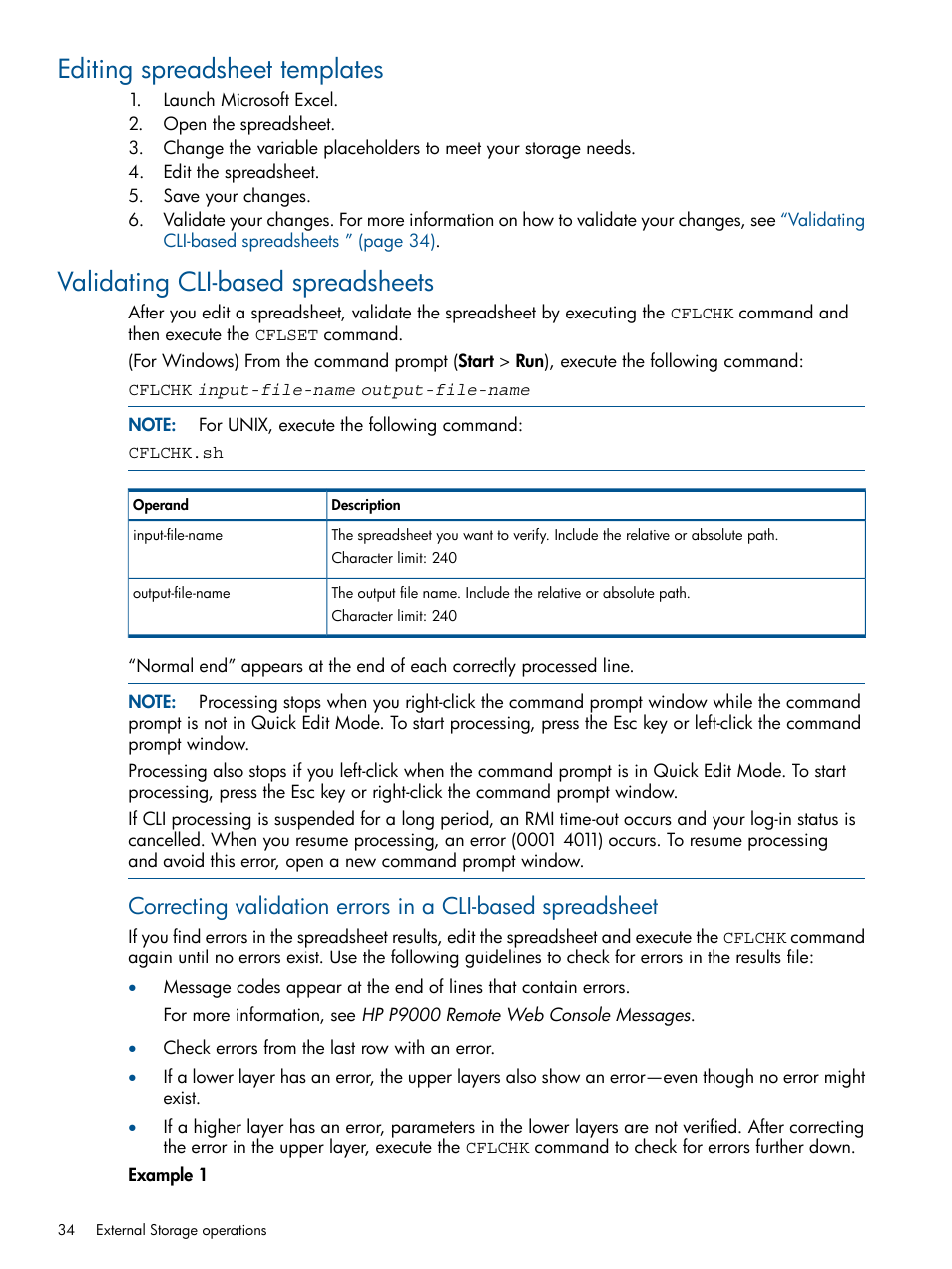Editing spreadsheet templates, Validating cli-based spreadsheets | HP XP P9500 Storage User Manual | Page 34 / 78