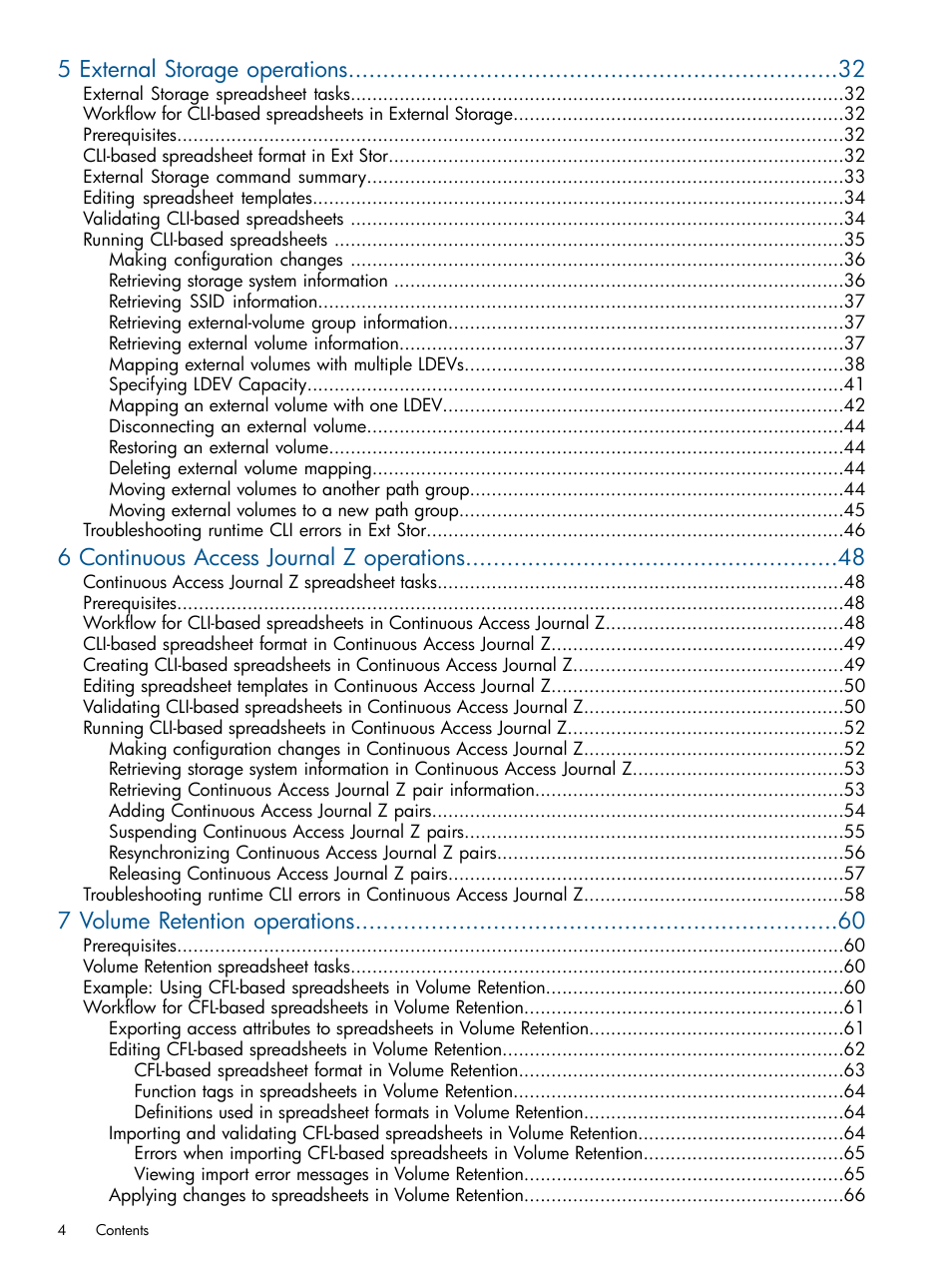 5 external storage operations, 6 continuous access journal z operations, 7 volume retention operations | HP XP P9500 Storage User Manual | Page 4 / 78