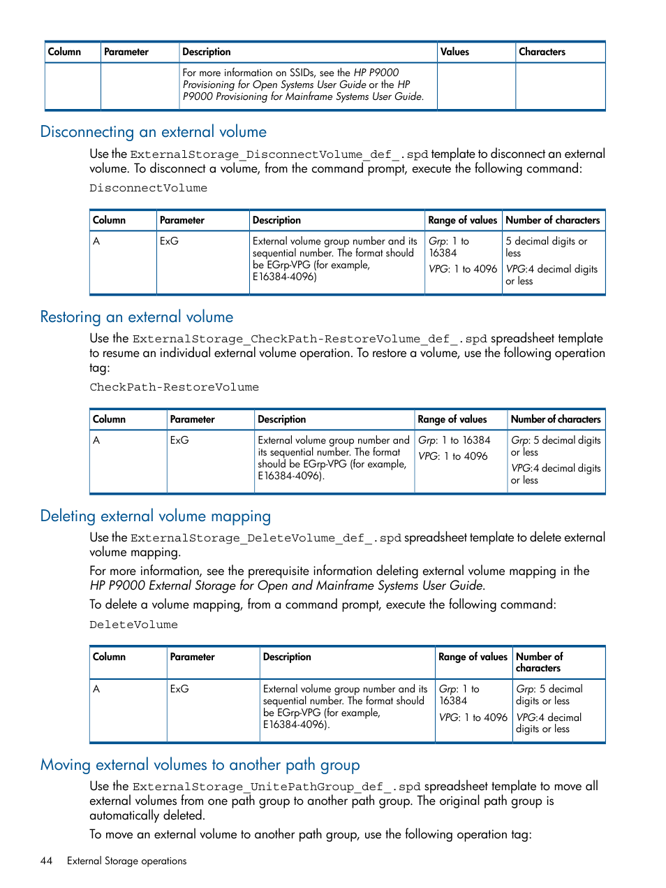 Disconnecting an external volume, Restoring an external volume, Deleting external volume mapping | Moving external volumes to another path group | HP XP P9500 Storage User Manual | Page 44 / 78