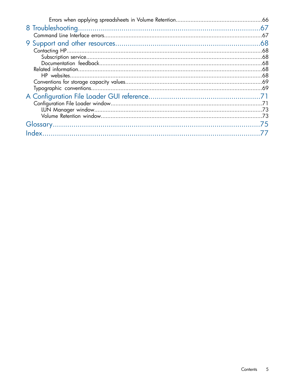 8 troubleshooting, 9 support and other resources, A configuration file loader gui reference | Glossary index | HP XP P9500 Storage User Manual | Page 5 / 78