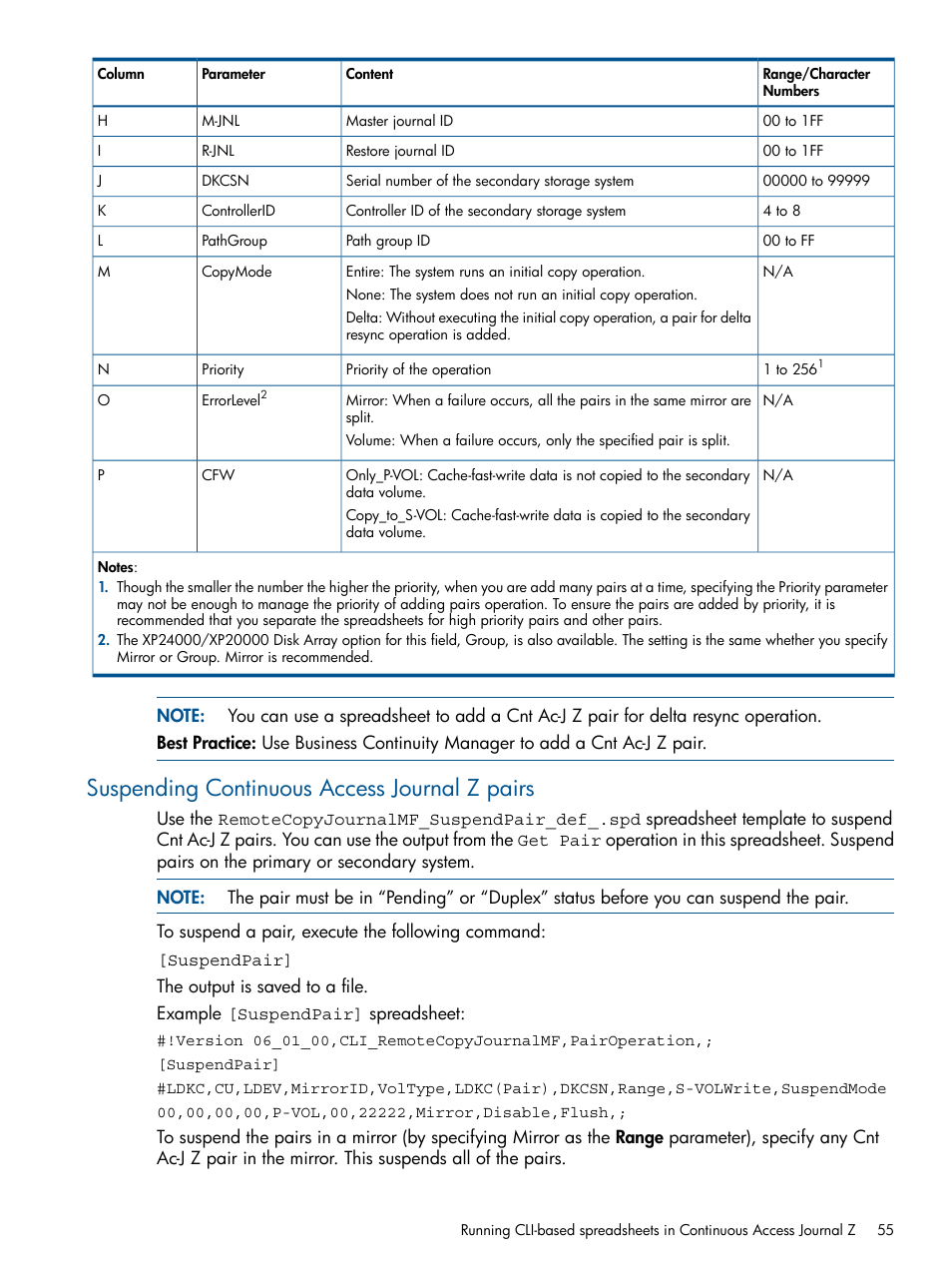 Suspending continuous access journal z pairs | HP XP P9500 Storage User Manual | Page 55 / 78