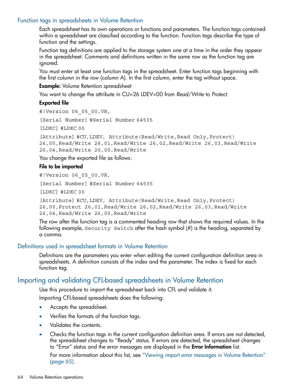 Function tags in spreadsheets in volume retention, Importing and validating cfl-based, Definitions used in spreadsheet formats in volume | Function tags in spreadsheets in volume, Function tags in, Definitions used in | HP XP P9500 Storage User Manual | Page 64 / 78