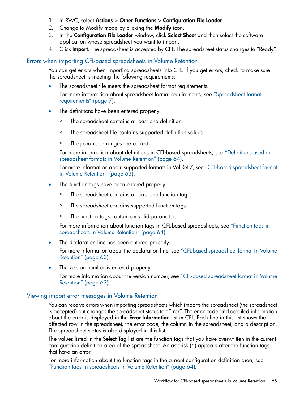 Viewing import error messages in volume retention, Errors when importing cfl-based | HP XP P9500 Storage User Manual | Page 65 / 78