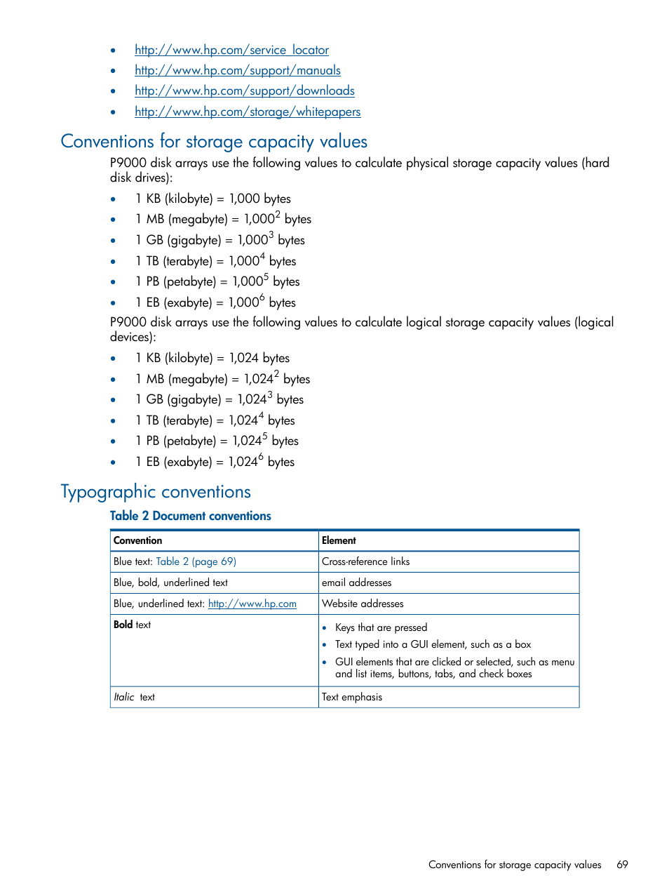 Conventions for storage capacity values, Typographic conventions | HP XP P9500 Storage User Manual | Page 69 / 78