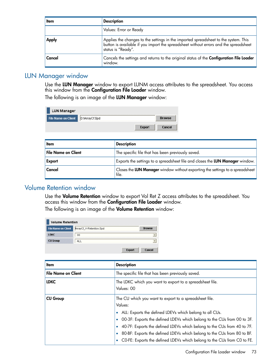 Lun manager window, Volume retention window, Lun manager window volume retention window | HP XP P9500 Storage User Manual | Page 73 / 78