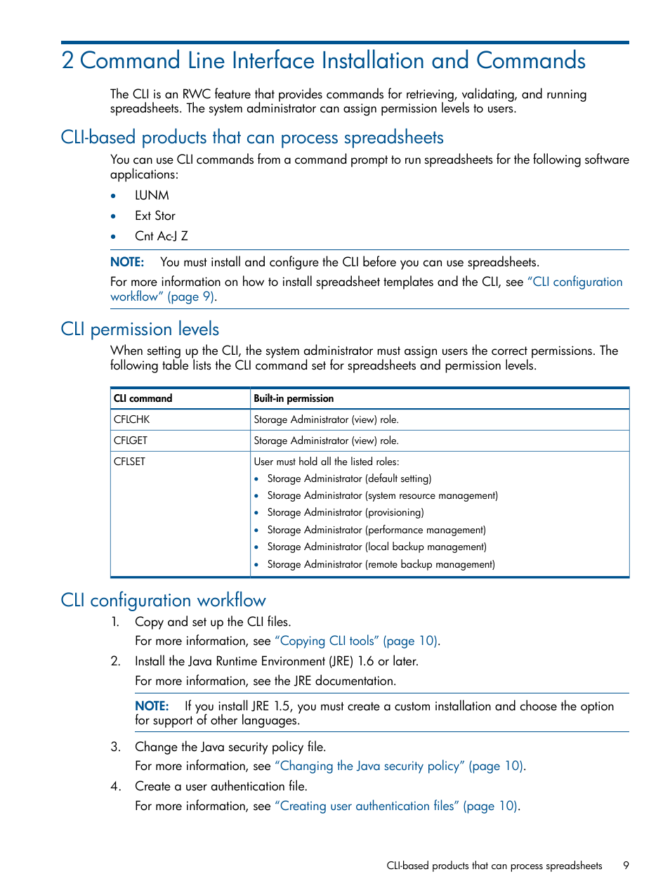 2 command line interface installation and commands, Cli-based products that can process spreadsheets, Cli permission levels | Cli configuration workflow | HP XP P9500 Storage User Manual | Page 9 / 78