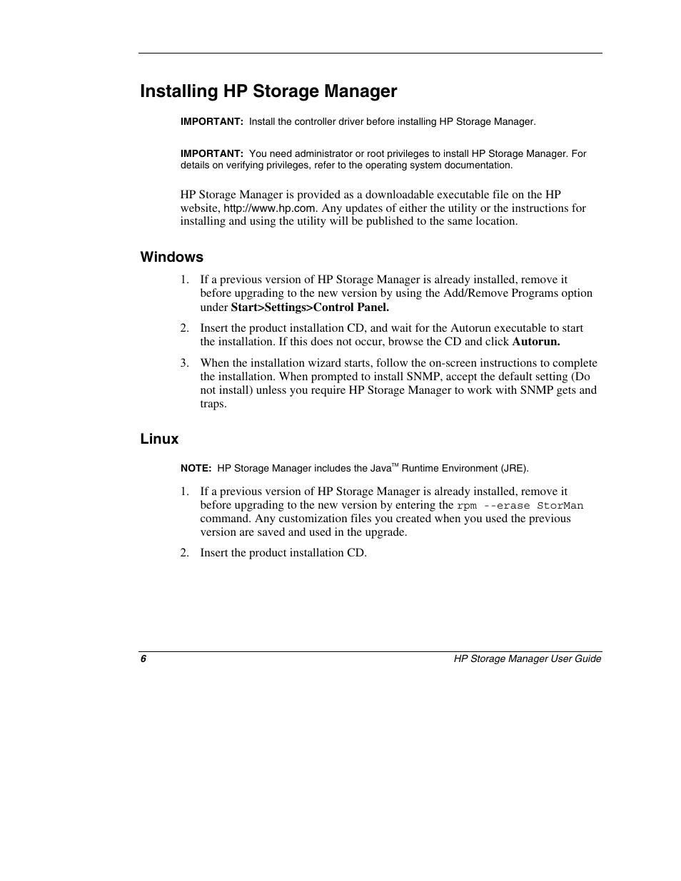 Installing hp storage manager, Windows, Linux | HP ProLiant ML310 G4 Server User Manual | Page 6 / 14