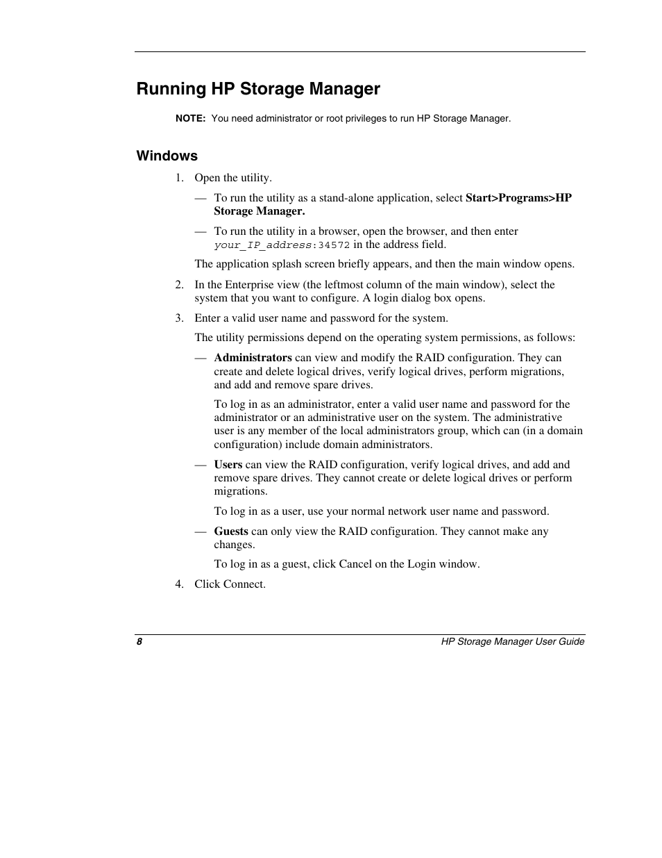 Running hp storage manager, Windows | HP ProLiant ML310 G4 Server User Manual | Page 8 / 14