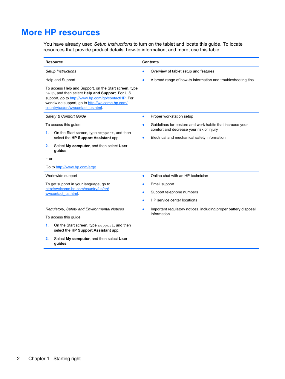 More hp resources, 2chapter 1 starting right | HP Omni 10 5610 Tablet User Manual | Page 10 / 49