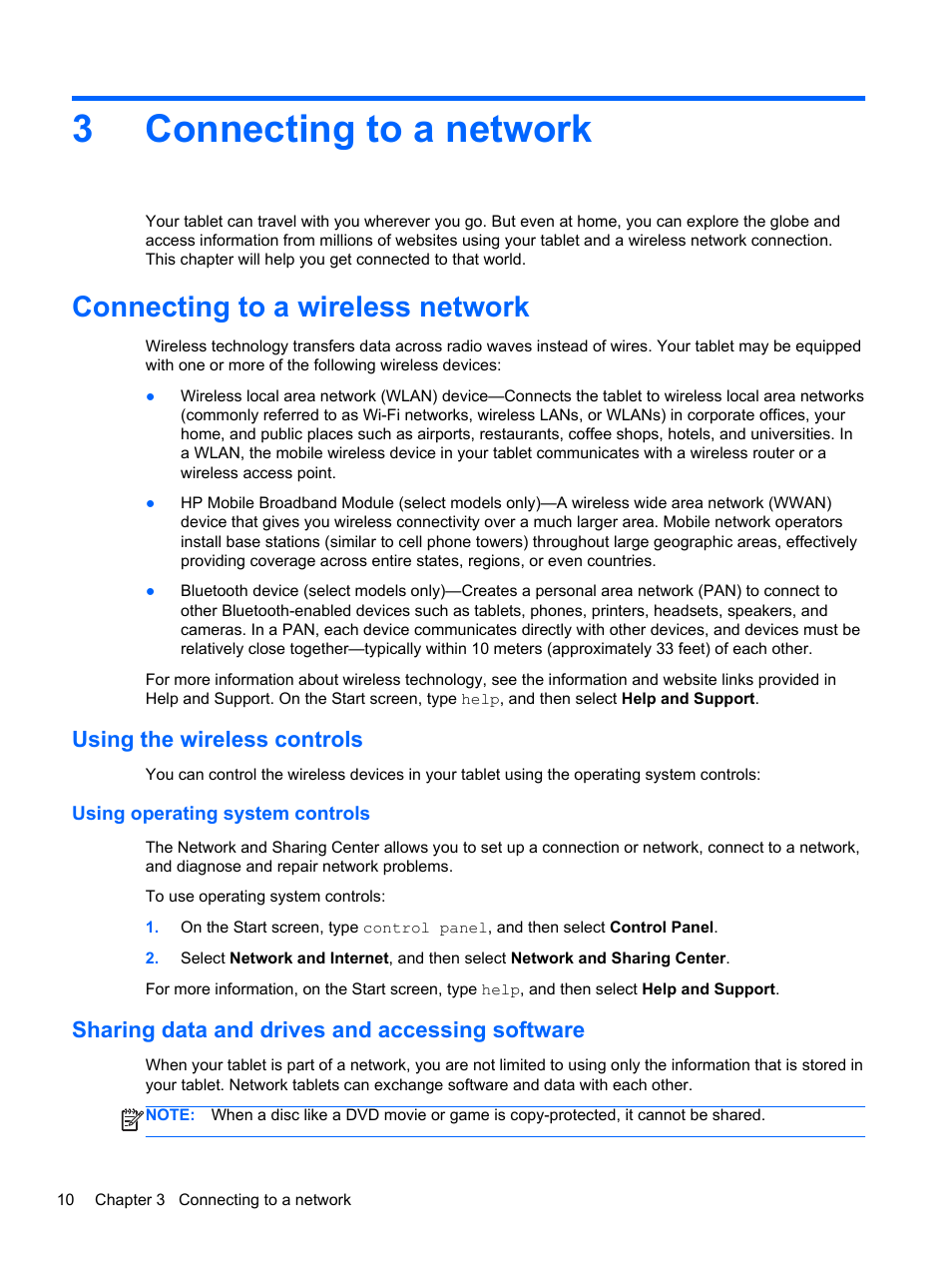 Connecting to a network, Connecting to a wireless network, Using the wireless controls | Using operating system controls, Sharing data and drives and accessing software, 3 connecting to a network, Connecting, 3connecting to a network | HP Omni 10 5610 Tablet User Manual | Page 18 / 49