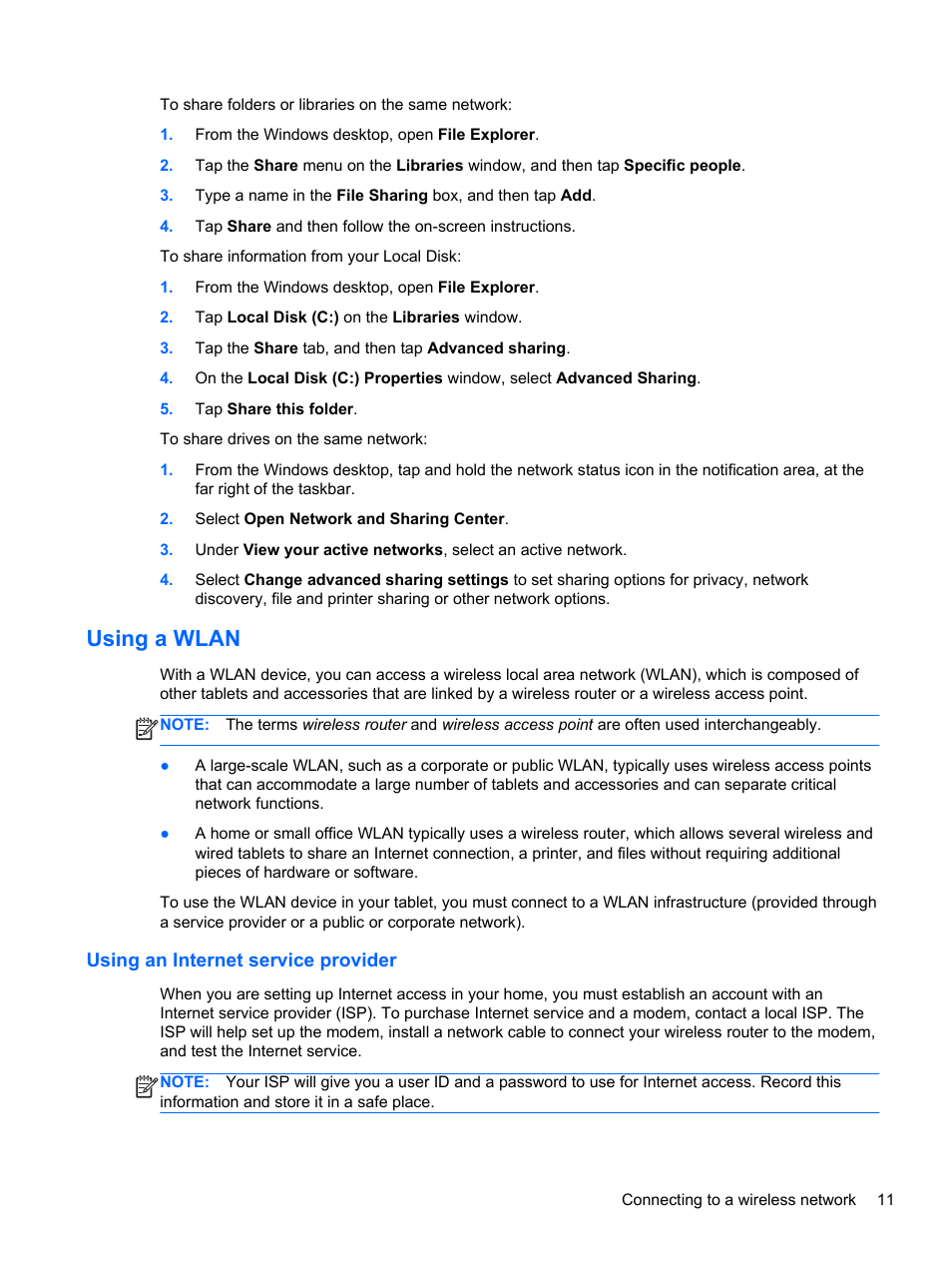 Using a wlan, Using an internet service provider | HP Omni 10 5610 Tablet User Manual | Page 19 / 49